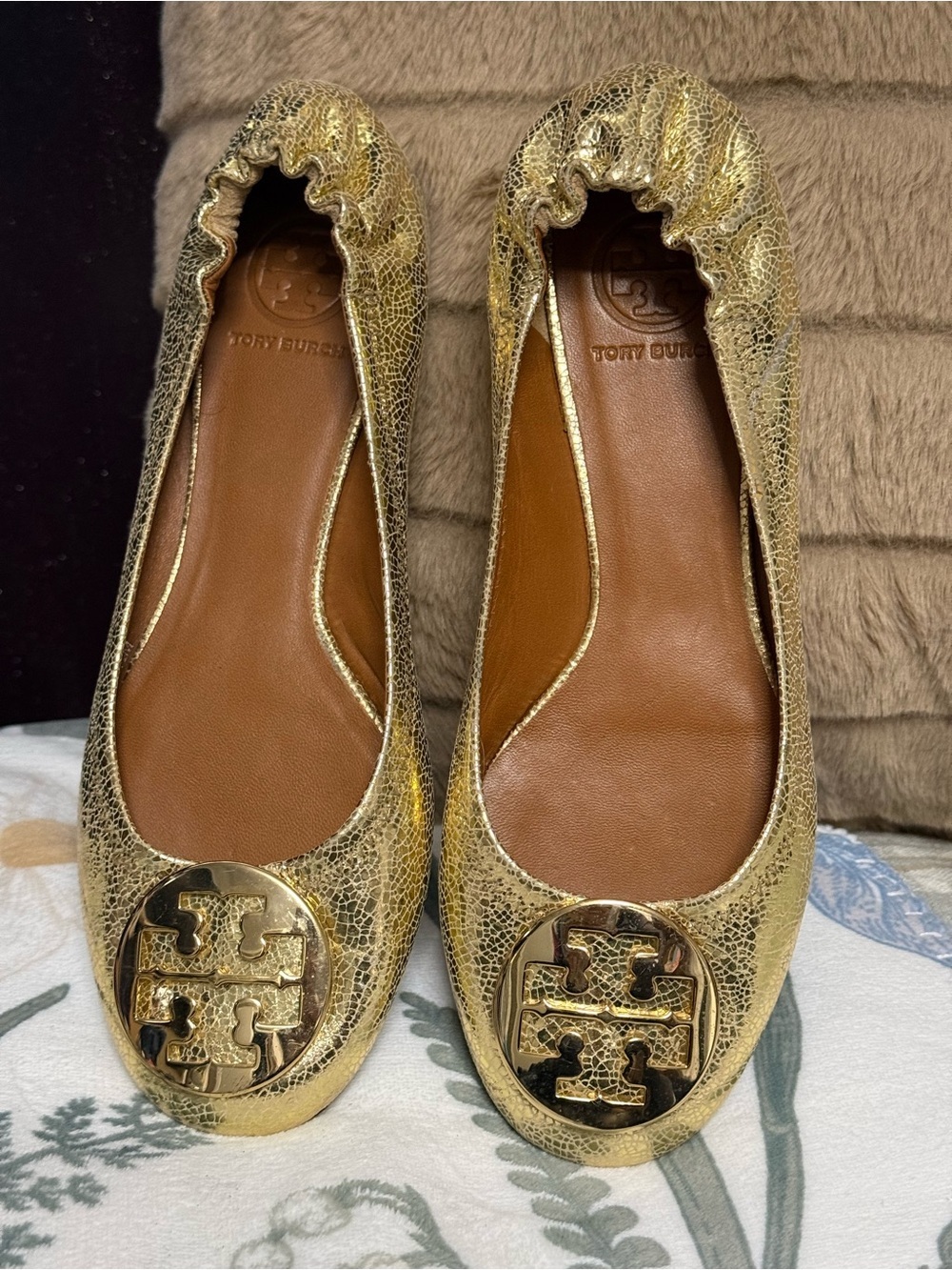 ✨🌟Tory Burch Minnie Travel Ballet Flats Metallic Gold Crackle Size 8.5🌟✨